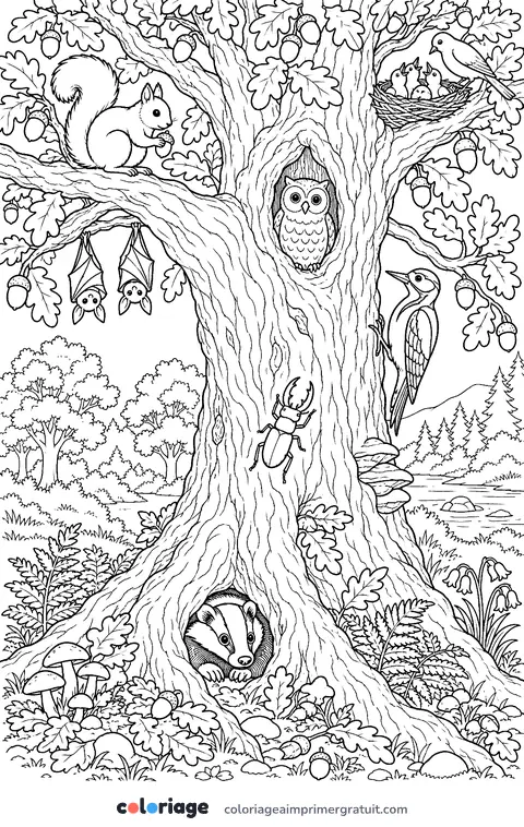 Coloriage habitants du chêne