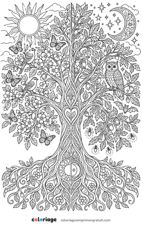 Coloriage arbre jour et nuit