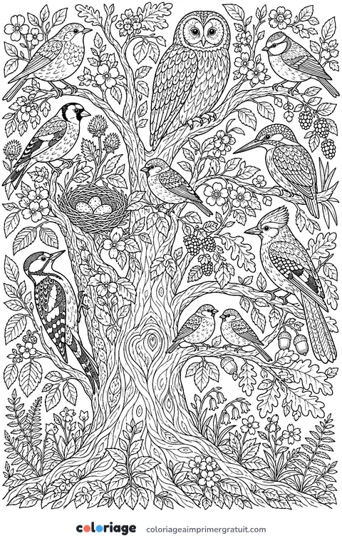 Coloriage arbre aux oiseaux