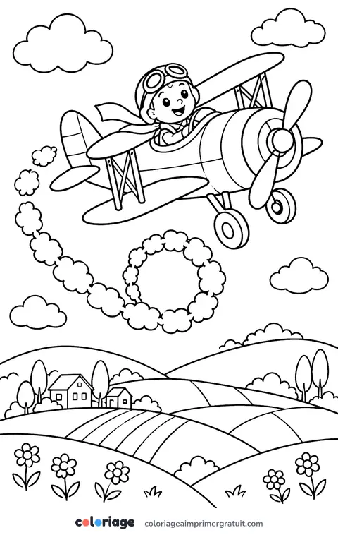 Coloriage biplan qui fait une boucle
