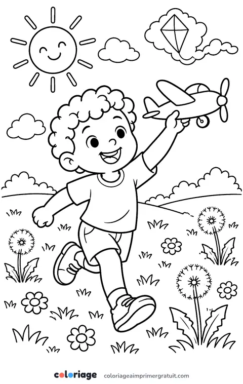 Coloriage garçon et son avion