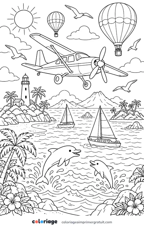 Coloriage avion au-dessus des îles