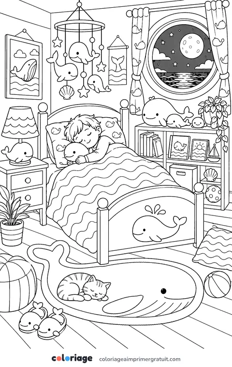 Coloriage chambre d’enfant aux baleines