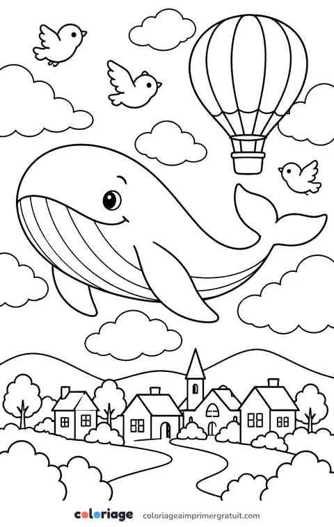 Coloriage baleine qui vole dans les nuages