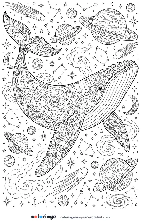 Coloriage baleine dans les étoiles