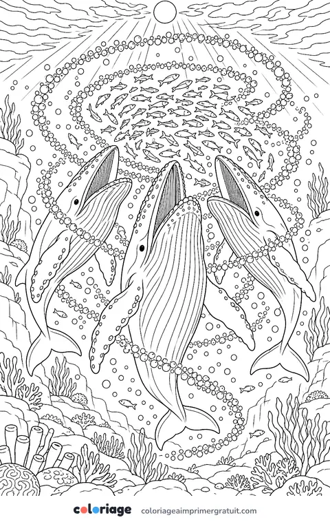 Coloriage baleines et filet de bulles