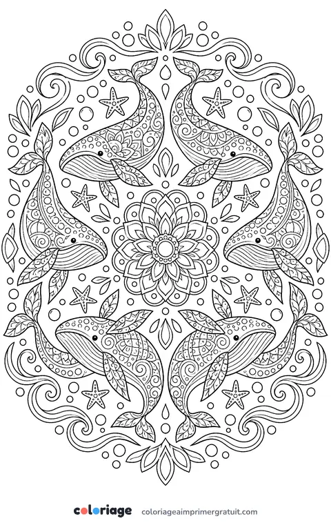 Coloriage mandala des baleines