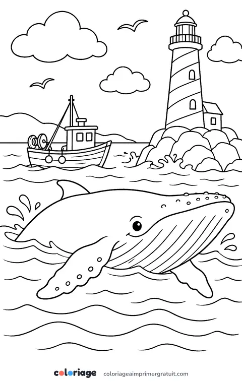 Coloriage baleine devant le phare
