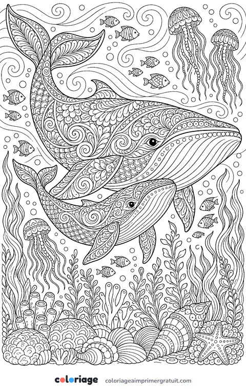 Coloriage baleineau et sa mère