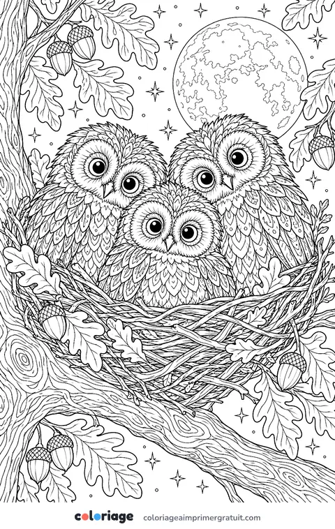 Coloriage chouettes dans le nid