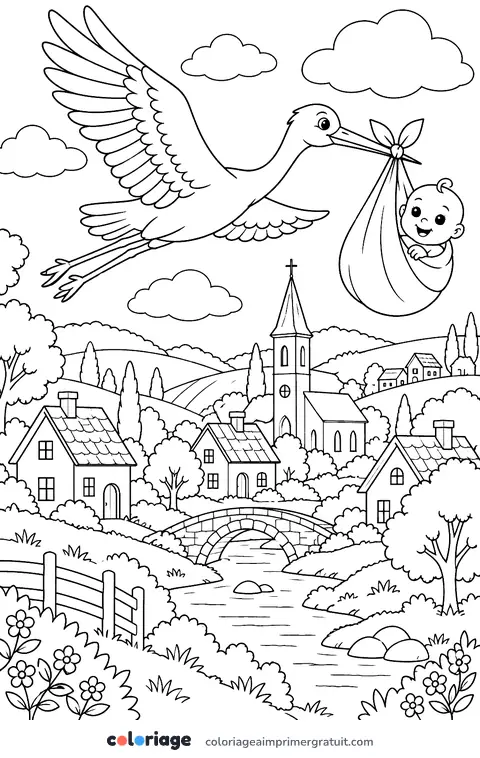 Coloriage la cigogne et le bébé