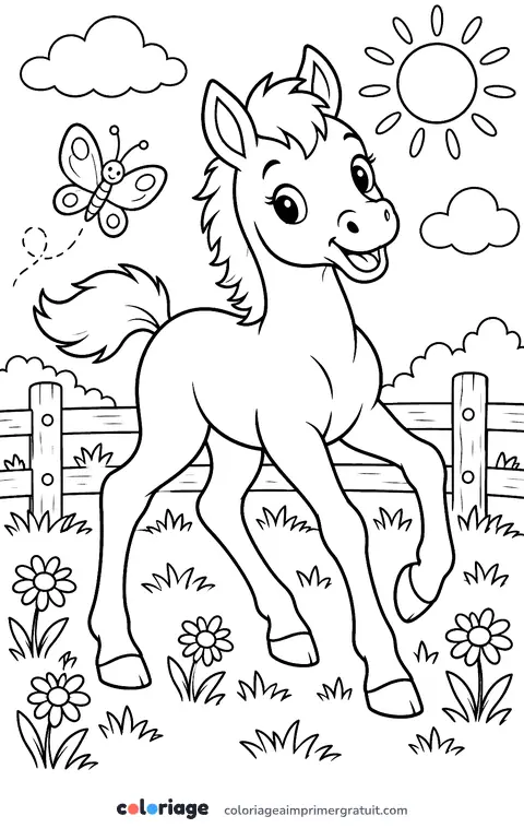 Coloriage le poulain dans le pré