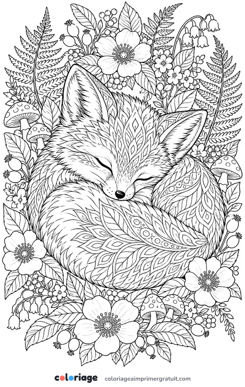 Coloriage renardeau endormi et fleurs