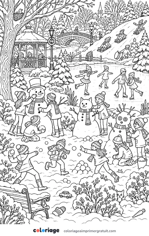 Coloriage cherche et trouve au parc enneigé