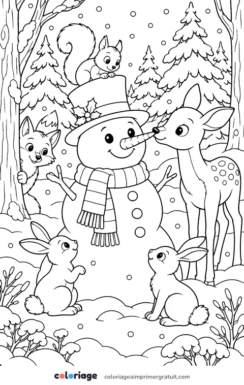 Coloriage bonhomme de neige et animaux de la forêt