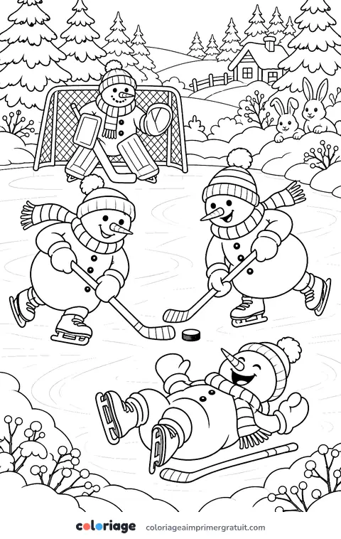 Coloriage partie de hockey des bonshommes de neige