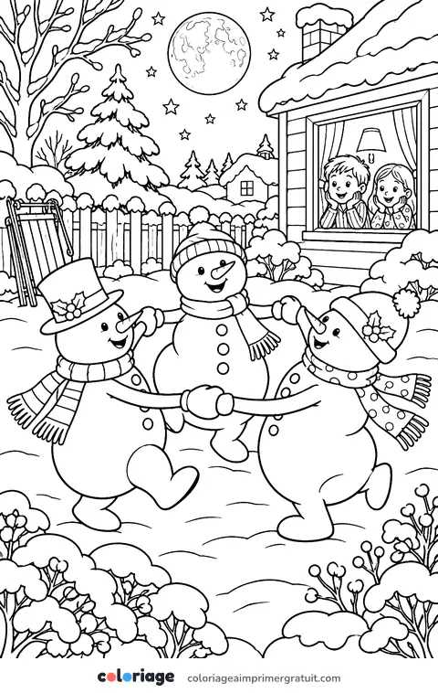 Coloriage bonshommes de neige qui dansent la nuit