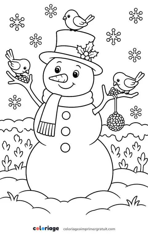 Coloriage bonhomme de neige et les oiseaux