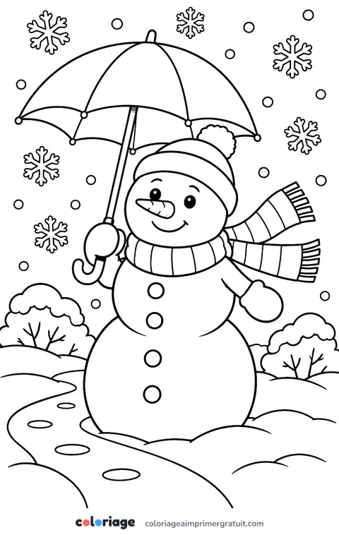 Coloriage bonhomme de neige au parapluie