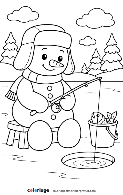 Coloriage bonhomme de neige pêcheur