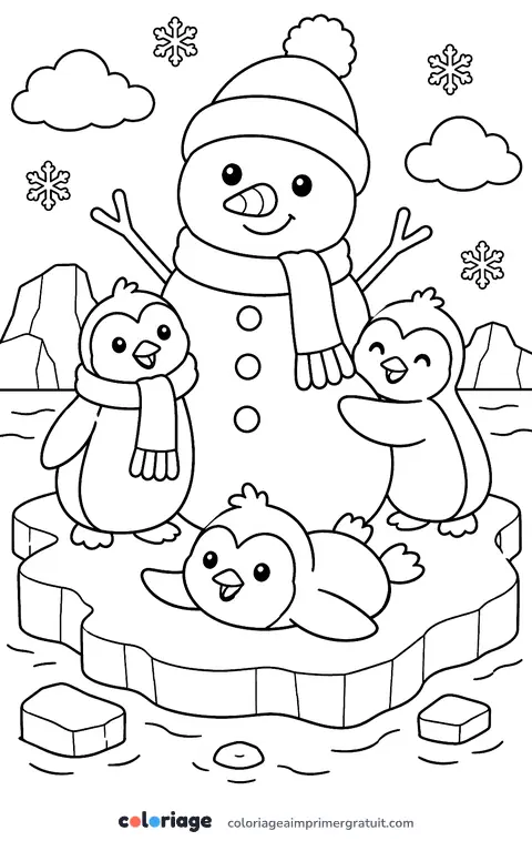 Coloriage bonhomme de neige et les pingouins