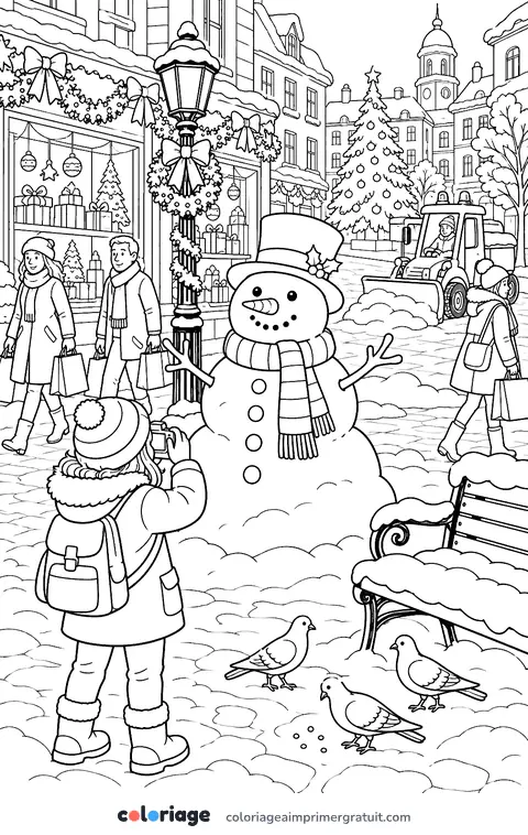 Coloriage bonhomme de neige en ville