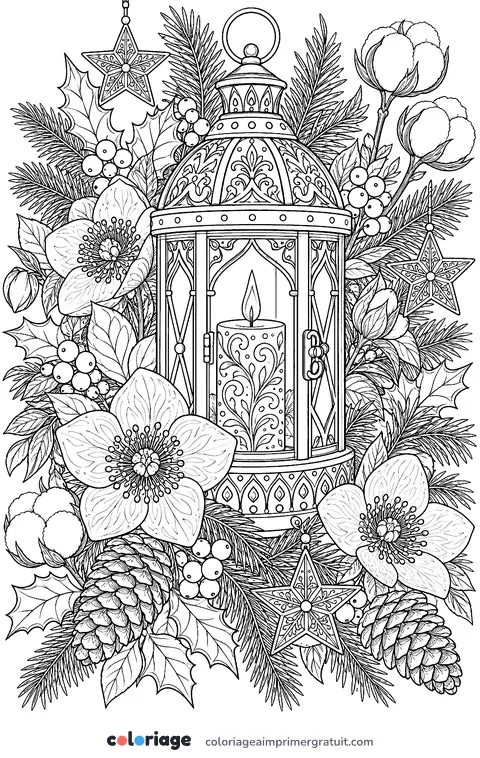Coloriage bouquet d’hiver et lanterne