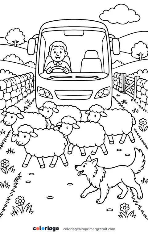 Coloriage bus et moutons