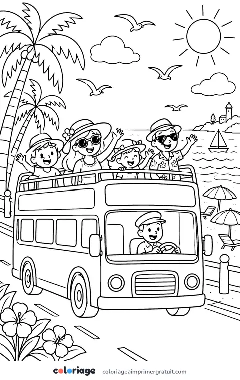 Coloriage bus décapotable à la mer