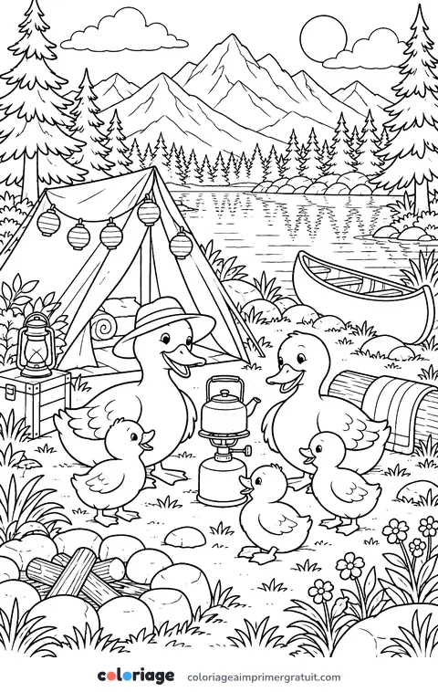 Coloriage canards en camping