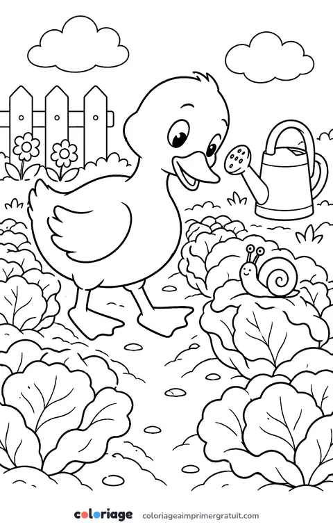 Coloriage canard au potager