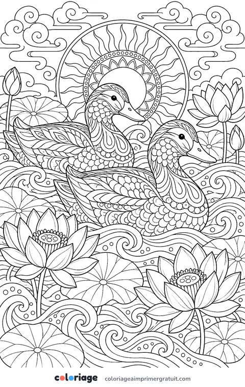 Coloriage canards sur les vagues