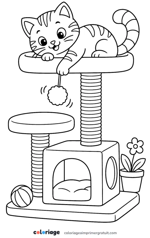 Coloriage chat roux sur l’arbre à chat