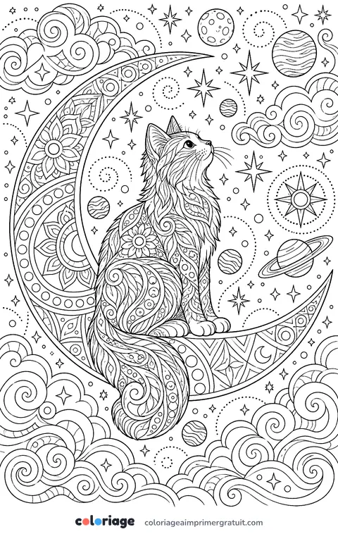 Coloriage chat sur la lune