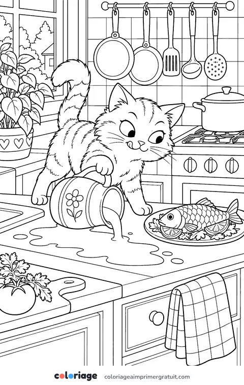 Coloriage chat gourmand dans la cuisine