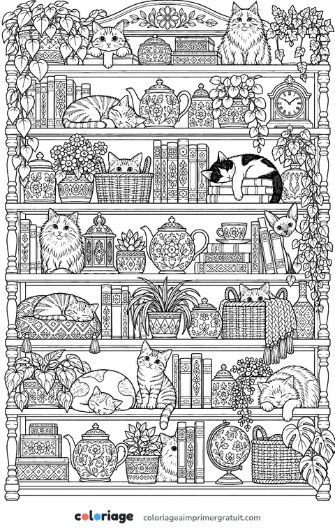Coloriage chats cachés dans les étagères
