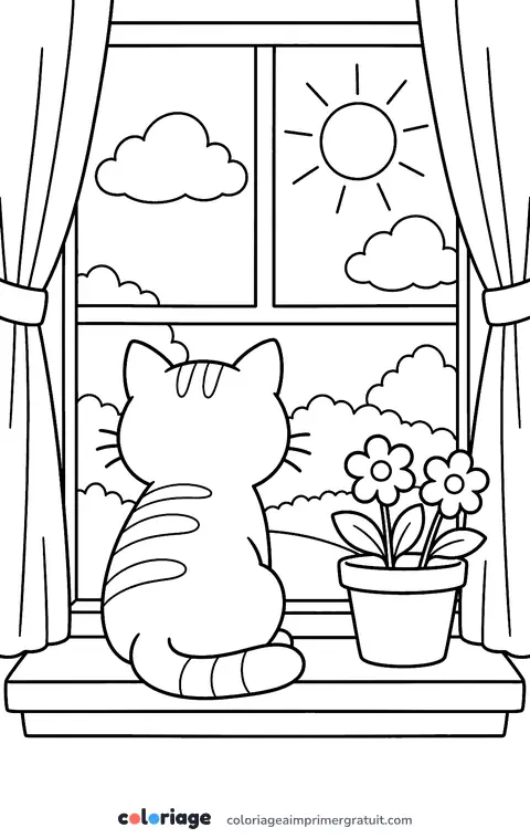Coloriage chat à la fenêtre