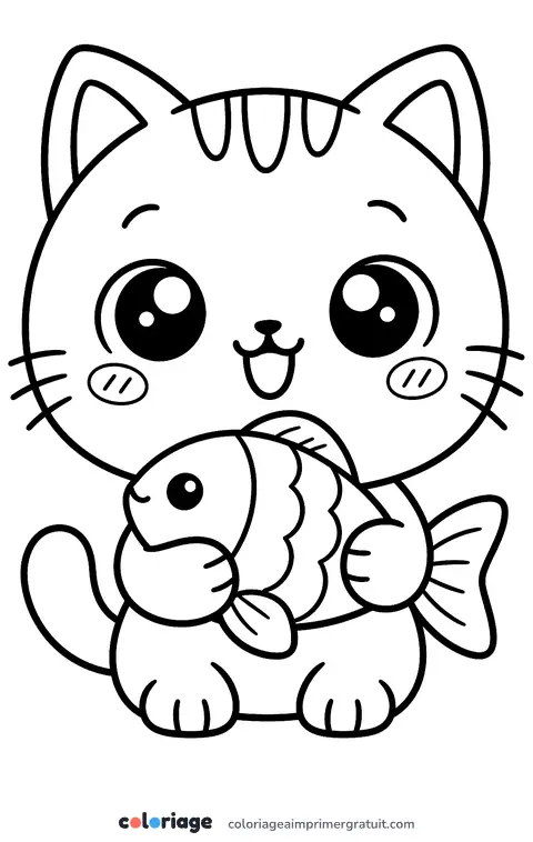 Coloriage chat kawaii et son poisson