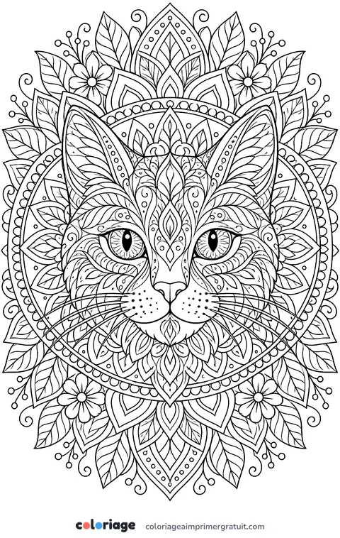 Coloriage mandala chat et fleurs