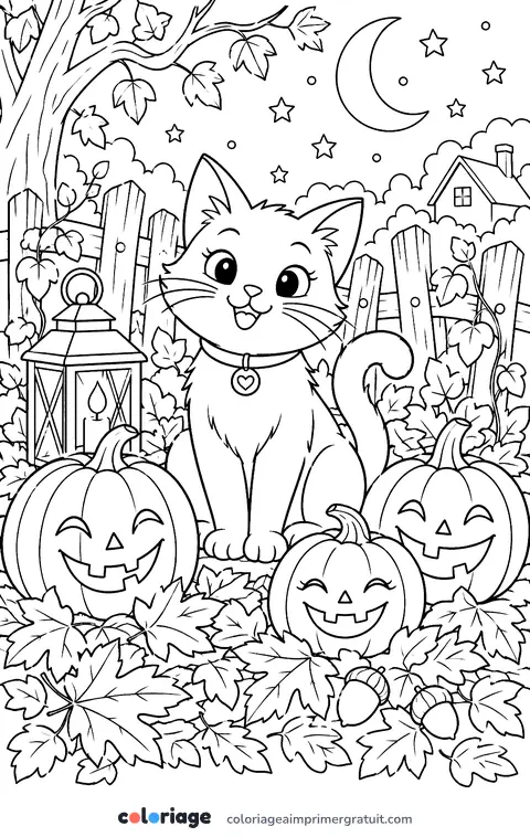 Coloriage chat noir et citrouilles