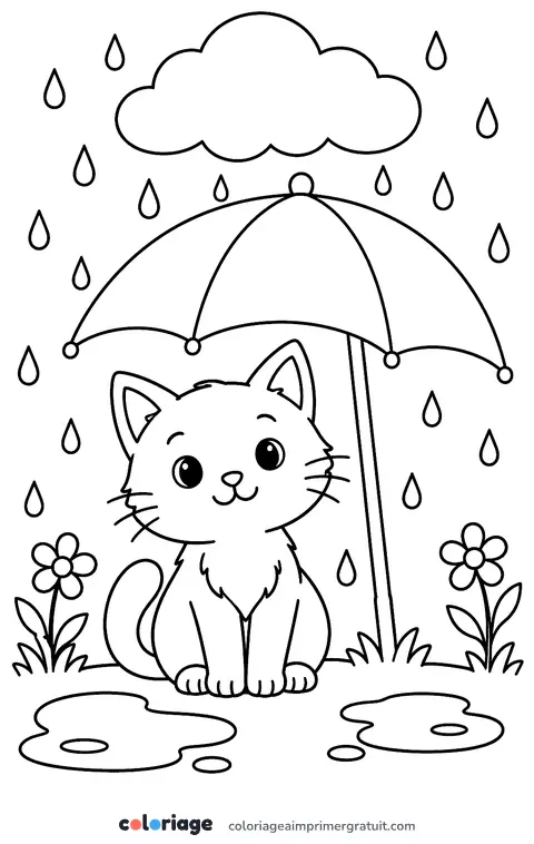 Coloriage chat sous la pluie