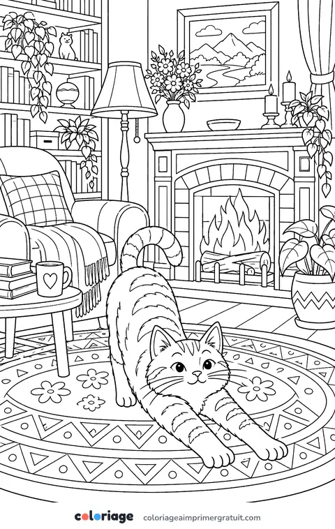 Coloriage chat devant la cheminée