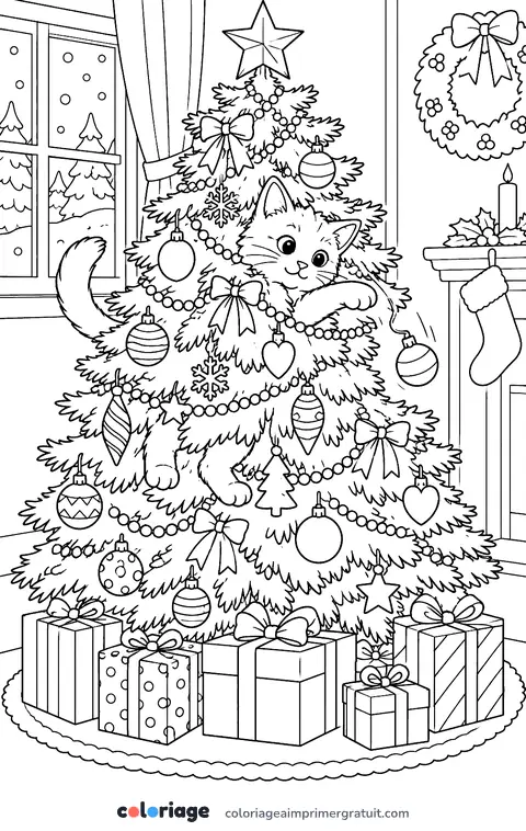 Coloriage chat dans le sapin de Noël