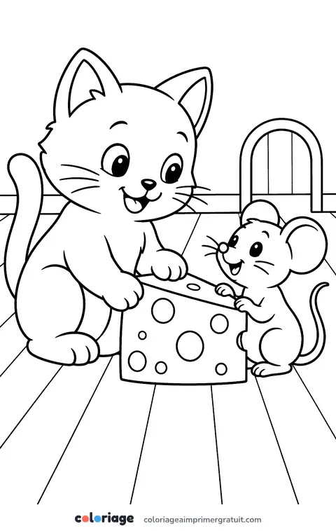 Coloriage chat et souris amis