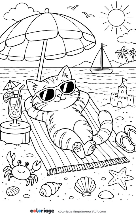 Coloriage chat en vacances