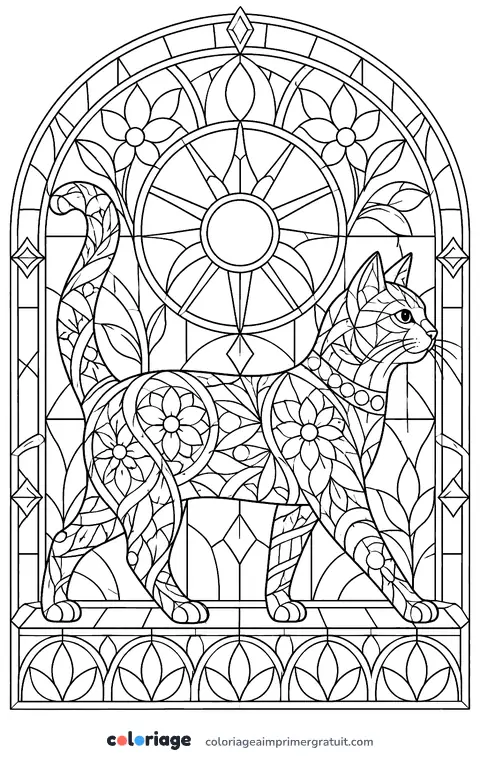 Coloriage chat en vitrail