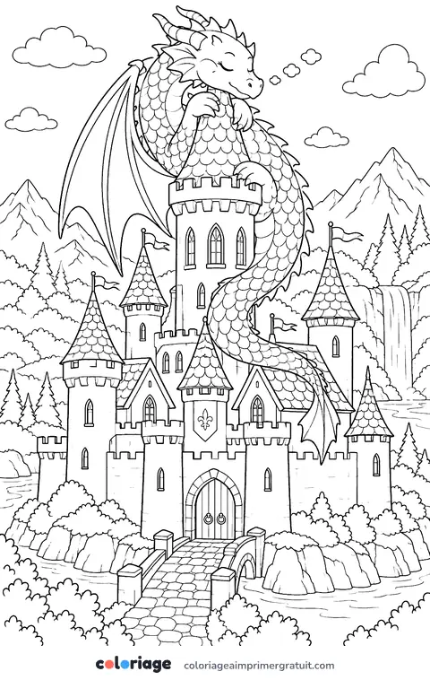 Coloriage dragon endormi sur la tour