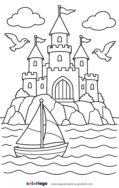 Coloriage château sur une île