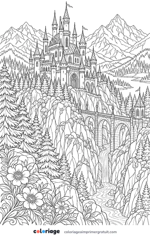 Coloriage château sur la montagne