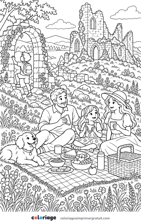 Coloriage pique-nique dans les ruines